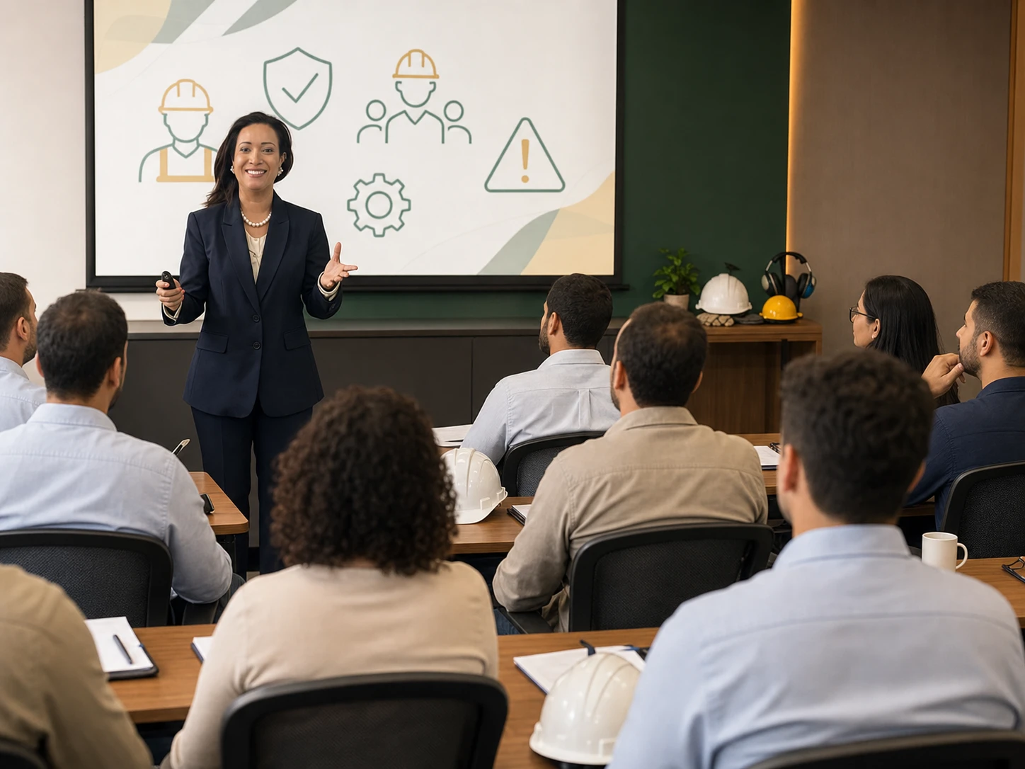 Núbia conduzindo um treinamento corporativo de Saúde e Segurança do Trabalho