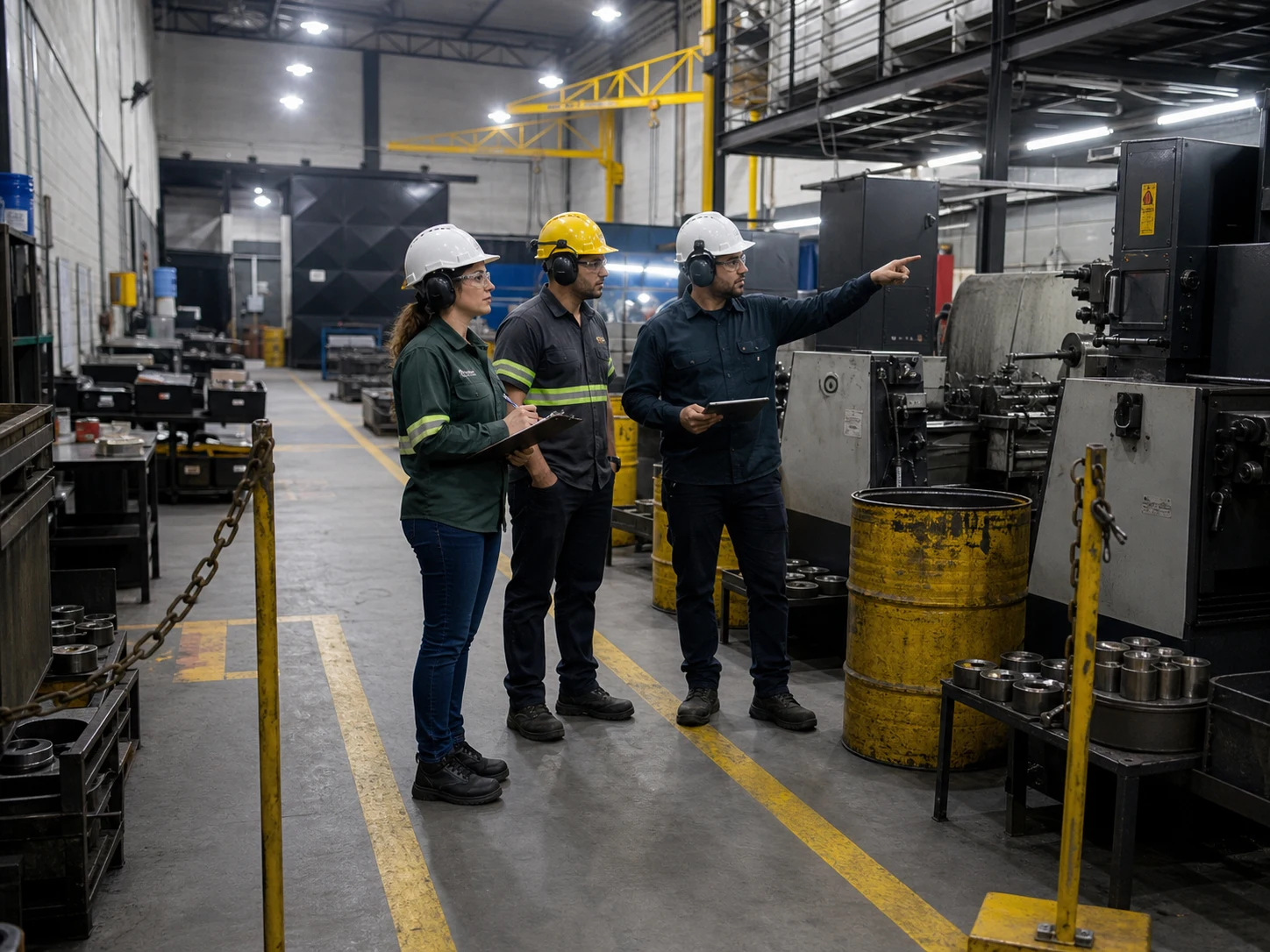 Equipe técnica realizando inspeção de segurança em uma área de produção industrial